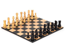A beautifully crafted 4-inch black modern tulip chessmen set displayed on a classic checkered chessboard. The chess pieces feature an elegant tulip design with a modern sleek finish, contrasting against the wooden board's light and dark squares, perfect for both beginners and experienced players.