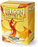 Dragon Shields Matte Yellow card sleeve pack containing 100 standard size sleeves, featuring vibrant artwork of a dragon, perfect for protecting trading cards.