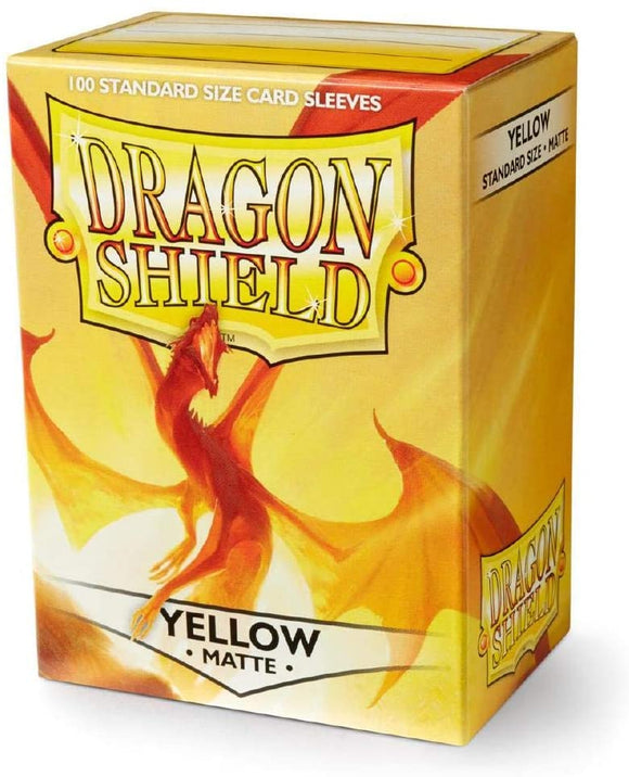 Dragon Shields Matte Yellow card sleeve pack containing 100 standard size sleeves, featuring vibrant artwork of a dragon, perfect for protecting trading cards.