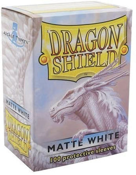 Dragon Shields Matte White pack featuring 100 protective sleeves. The box showcases a majestic white dragon and the product's branding, perfect for card protection in gaming.
