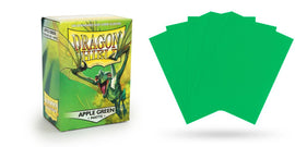 Dragon Shields card sleeves in Apple Green color by Arcane Tinmen. The box contains 100 standard-size matte card sleeves designed for card game protection, featuring a vibrant green frog illustration on the front.