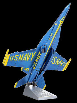 Detailed model of the ICONX Blue Angels F/A Super H aircraft, showcasing a vibrant blue and yellow design. The model is positioned at an angle to emphasize its sleek lines and features, including the signature U.S. Navy markings. Constructed as a DIY kit, this model is ideal for aviation enthusiasts and collectors.