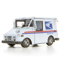 Metal Earth DIY kit featuring a detailed model of a USPS LLV mail truck. The kit includes intricately cut metal sheets designed for assembly, showcasing the truck's iconic shape and features, ideal for enthusiasts and hobbyists.