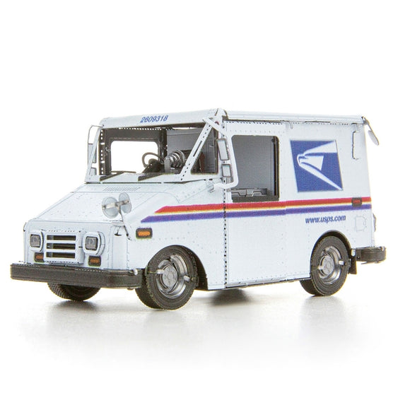 Metal Earth DIY kit featuring a detailed model of a USPS LLV mail truck. The kit includes intricately cut metal sheets designed for assembly, showcasing the truck's iconic shape and features, ideal for enthusiasts and hobbyists.