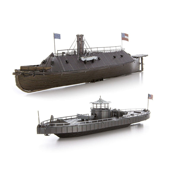 A detailed, high-quality model kit of the Monitor and Merrimack ships, showcasing intricate designs and features. The kit includes two models, one resembling the USS Monitor, known for its armored design, and the other representing the CSS Merrimack. Each ship model is accurately crafted with flags displayed on top, making it a great addition to any collection or kit enthusiast's workspace.