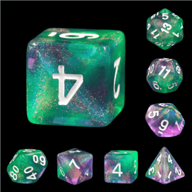 Sour Grapes RPG Dice Set featuring a variety of polyhedral dice in vibrant green and purple hues. The set includes a d20, d12, d10, d8, d6, and d4, each with white numbers against a glossy, multi-colored background. The intricate designs and sparkling glitter are visible, highlighting their unique appearance.