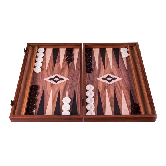 15 inch walnut replica backgammon set by Manopoulous featuring a beautifully crafted wooden board with contrasting light and dark checkers. The set is open, displaying the traditional diamond pattern and ready for play.