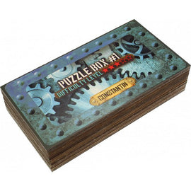 The Constantin Puzzle Box #1, designed by Jean Claude, features a stylish mechanical design with gears and cogs. It is a challenging mechanical puzzle with a five-star difficulty rating, perfect for puzzle enthusiasts seeking an engaging and intricate experience.