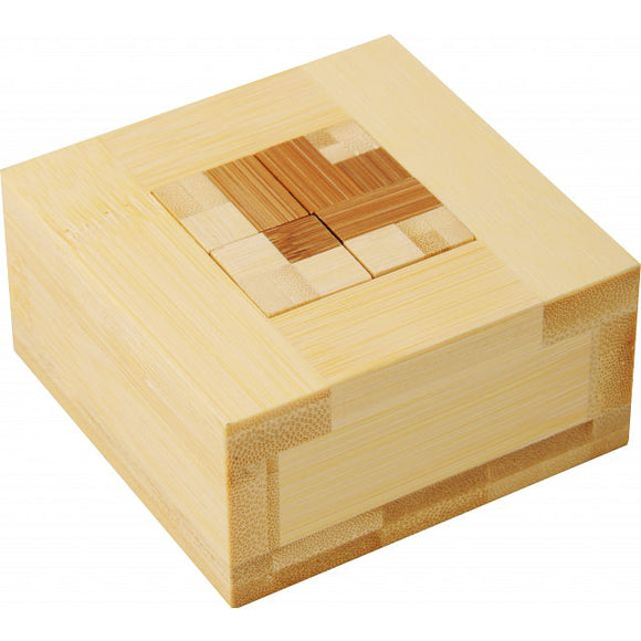 Funzzle - Bamboo Wood Mechanical Puzzle by Puzzle Master. The puzzle features a beautifully crafted bamboo box with an intricate, geometric design on the lid. Perfect for both storage and entertainment, this eco-friendly puzzle combines art and challenge, making it an ideal addition for puzzle enthusiasts.