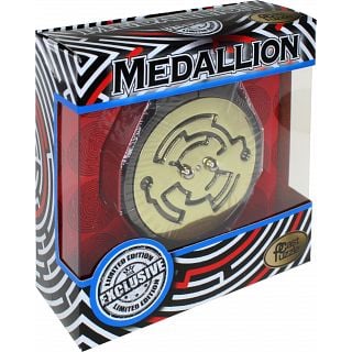 The Medallion Puzzle by Hanayama is a beautifully crafted mechanical puzzle, featuring an intricate design with a gold and black finish. The puzzle is encased in an eye-catching box with a red and black patterned design, prominently displaying the title 'Medallion' and an emblem for 'Limited Edition'. The puzzle's unique shape and the visible mechanisms inside invite users to challenge their problem-solving skills.