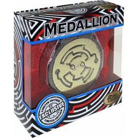 The Medallion Puzzle by Hanayama is a beautifully crafted mechanical puzzle, featuring an intricate design with a gold and black finish. The puzzle is encased in an eye-catching box with a red and black patterned design, prominently displaying the title 'Medallion' and an emblem for 'Limited Edition'. The puzzle's unique shape and the visible mechanisms inside invite users to challenge their problem-solving skills.
