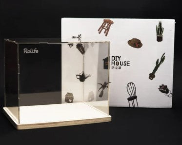A Robotime Acrylic Cover Medium DIY kit displayed with its packaging. The acrylic cover features a clear, transparent design and is set on a wooden base. The packaging showcases colorful, whimsical illustrations of furniture and plants, emphasizing a creative, hands-on experience.