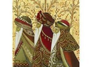 We Three Kings jigsaw puzzle by Wentworth, featuring a detailed illustration of three regal figures in intricate clothing set against a gold-patterned background. The artwork captures a festive and elegant theme, perfect for puzzle enthusiasts and holiday decorating.