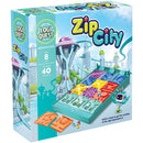 The Zip City Logic Puzzle by Mixlore features a vibrant packaging showing a futuristic city landscape. The game is designed for a single player aged 8 and above, and includes 40 challenging puzzles. The image showcases the colorful puzzle pieces that can be arranged to create mazes, with marbles directed to various destinations, as illustrated by icons on the box.