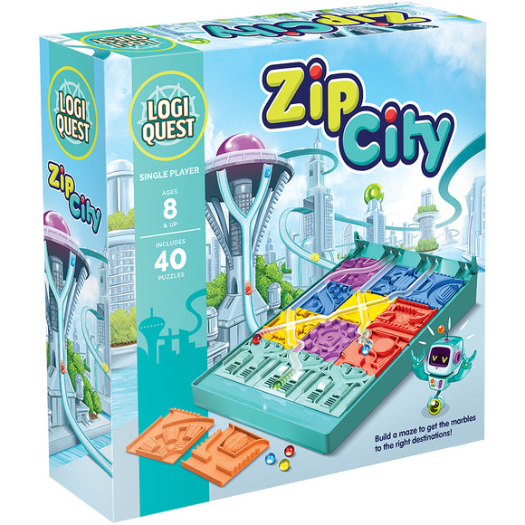 The Zip City Logic Puzzle by Mixlore features a vibrant packaging showing a futuristic city landscape. The game is designed for a single player aged 8 and above, and includes 40 challenging puzzles. The image showcases the colorful puzzle pieces that can be arranged to create mazes, with marbles directed to various destinations, as illustrated by icons on the box.