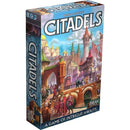Citadels Revised Edition board game by Z-Man, featuring a vibrant cover illustration depicting a fantasy city with intricate architecture, characters in medieval attire, and a bridge, emphasizing the theme of strategy and intrigue.
