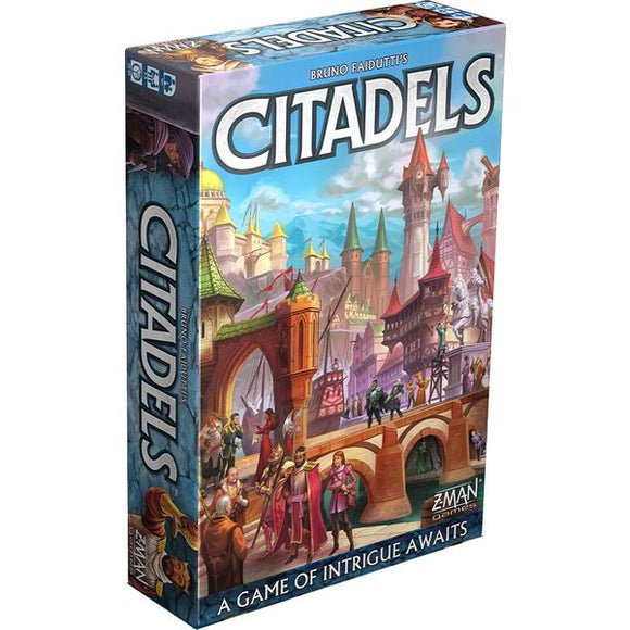 Citadels Revised Edition board game by Z-Man, featuring a vibrant cover illustration depicting a fantasy city with intricate architecture, characters in medieval attire, and a bridge, emphasizing the theme of strategy and intrigue.