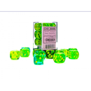 A vibrant collection of Gemini Trans Green, Teal, and Yellow dice from Chessex. The dice are translucent, displaying intricate dot patterns, and are arranged artistically around a clear cube packaging, showcasing their colorful designs.