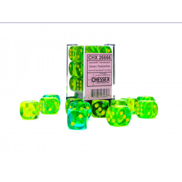 A vibrant collection of Gemini Trans Green, Teal, and Yellow dice from Chessex. The dice are translucent, displaying intricate dot patterns, and are arranged artistically around a clear cube packaging, showcasing their colorful designs.