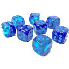 A collection of nine Gemini Blue and Light Blue luminary dice. The dice feature a translucent material with a swirling pattern of blue hues and white dots representing numbers 1 to 6. The arrangement showcases various angles of the dice to highlight their unique color and design.