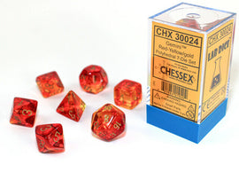 A set of seven polyhedral dice in red, yellow, and gold colors from Chessex. The dice are displayed around a clear box labeled 'Gemini Trans rd/yel/gld 7 Poly'. Each die features gold numbering, enhancing its visual appeal for tabletop gaming.
