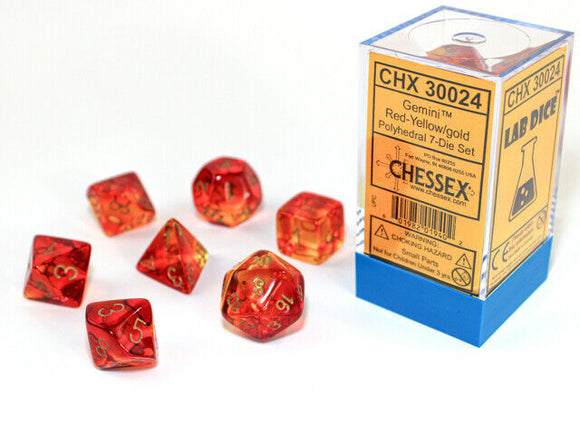 A set of seven polyhedral dice in red, yellow, and gold colors from Chessex. The dice are displayed around a clear box labeled 'Gemini Trans rd/yel/gld 7 Poly'. Each die features gold numbering, enhancing its visual appeal for tabletop gaming.