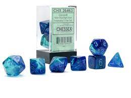 Chessex Gemini Blu/Lght Blu Lumin poly dice set displayed in a transparent box, featuring various shapes including d20, d12, d10, d8, d6, and d4. The dice are a vibrant blend of blue and light blue with white numbers, perfect for tabletop gaming.
