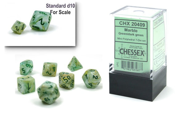 Chessex Marble mini poly green and dark green 7-die set, featuring various polyhedral dice in a marbled design. A standard d10 shown for scale, all in a clear packaging.