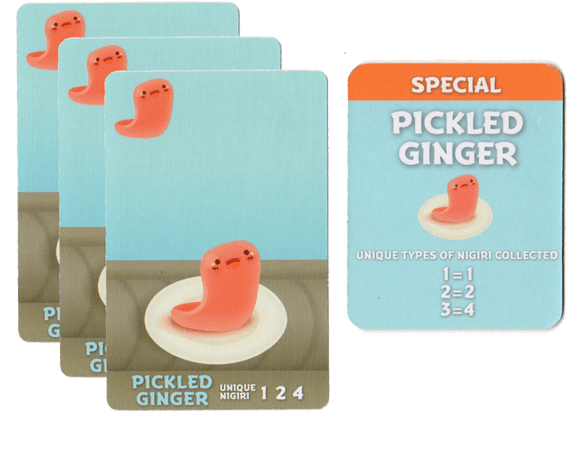 The Pickled Ginger Promo for Sushi Go Party! features cute, cartoonish pink ginger slices on a white plate. The cards display text indicating they're part of the game, showcasing different unique types of nigiri collected, with playful graphics.