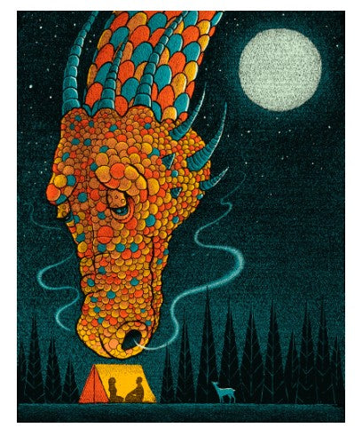 A colorful illustration featuring a giant dragon's head looming over a campsite with two campers sitting by a tent, under a full moon in a forested setting. The dragon's scales are vibrant with hues of red, orange, and blue, creating a fantastical atmosphere.