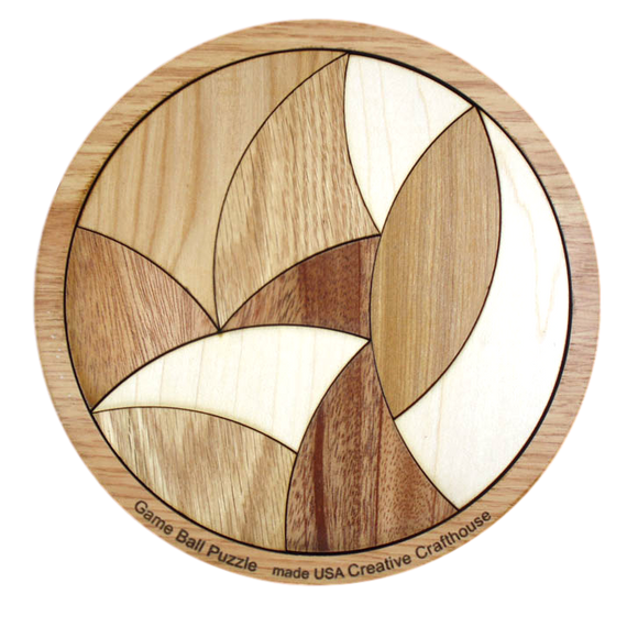 The Game Ball Puzzle by Creative Craft House features a circular design made of various wood textures and colors. It showcases intricate, interlocking shapes that create a visually striking mechanical puzzle. The base is finished in a smooth, natural wood tone with the product name engraved on the perimeter, emphasizing its craftsmanship and uniqueness.