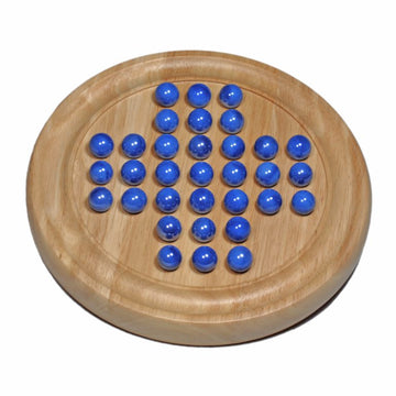 A 9-inch wood and glass solitaire game by R. Expo. The game features a wooden base with a circular shape, displaying blue glass marbles arranged in a cross pattern, ideal for strategic play and entertainment.