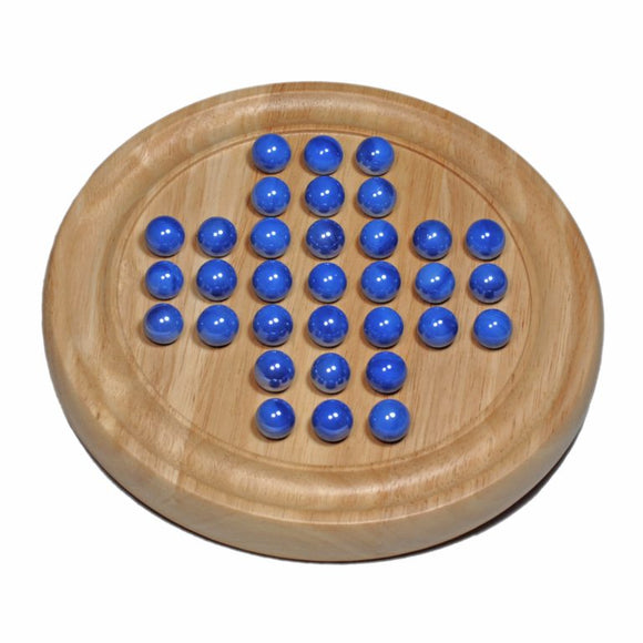 A 9-inch wood and glass solitaire game by R. Expo. The game features a wooden base with a circular shape, displaying blue glass marbles arranged in a cross pattern, ideal for strategic play and entertainment.