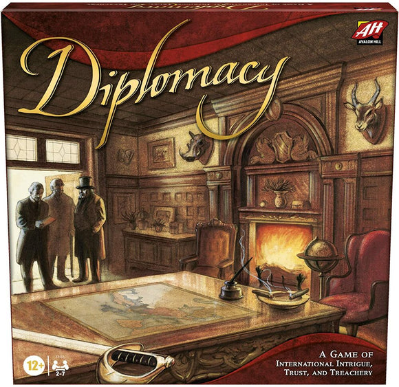 The classic board game Diplomacy by Avalon Hill features a luxurious, vintage study adorned with rich wooden furnishings and a detailed world map on the table. The artwork depicts three men in period attire engaged in discussion, highlighting themes of international intrigue, trust, and strategy. The setting includes a cozy fireplace and decorative elements like a globe and candlesticks, inviting players into a world of diplomatic maneuvering.