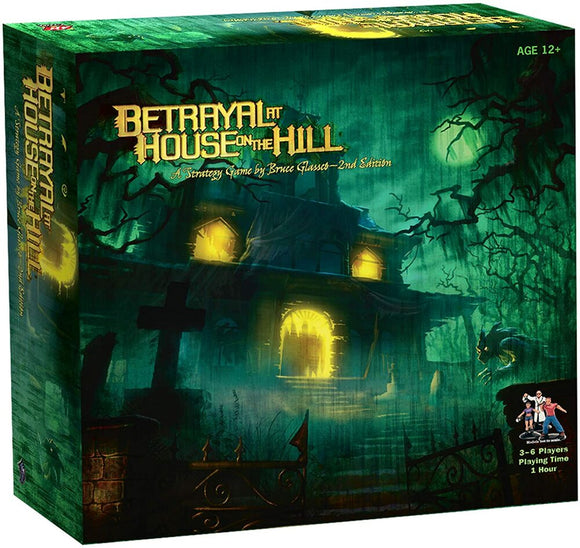 Betrayal at House on the Hill 2nd Edition board game box featuring an eerie haunted house surrounded by foreboding trees and a misty atmosphere. The box shows the title prominently with light spilling from the windows, and includes information on player count and playing time.