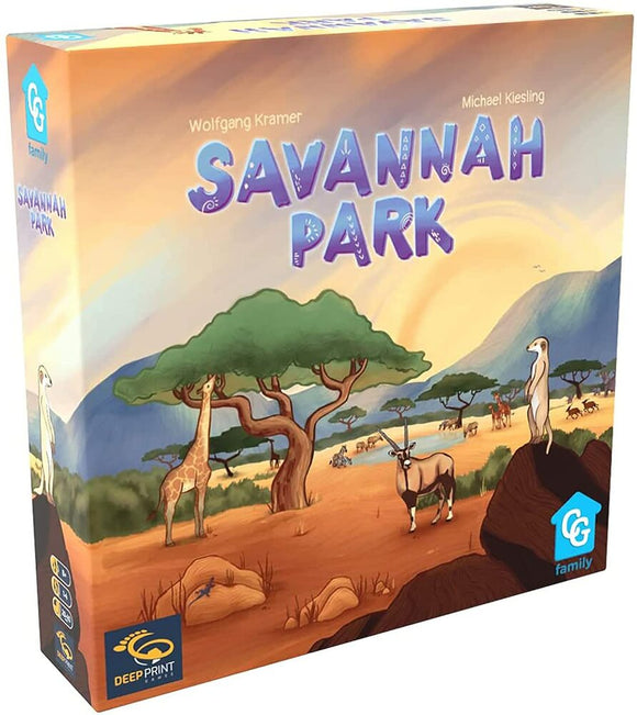Box of the board game 'Savannah Park' by Capstone Games. The box features vibrant artwork of a savannah landscape with various animals such as a giraffe, a meerkat, and an antelope, set against a scenic background of mountains and trees.