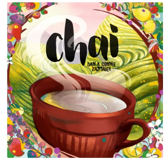 Chai board game design featuring a steaming cup of chai in a vibrant, colorful setting. The title 'chai' is prominently displayed in bold lettering, surrounded by illustrations of fruits and greenery that evoke a cozy and inviting atmosphere. Designed by Dan and Connie Kazmaier.
