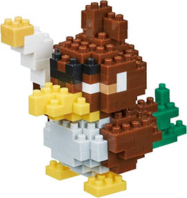 Nanoblock Farfetche'd DIY kit showcasing a colorful, pixelated bird figure constructed using small building blocks. Features intricate details such as a brown body, white belly, and a green tail, designed to engage creativity and fine motor skills.