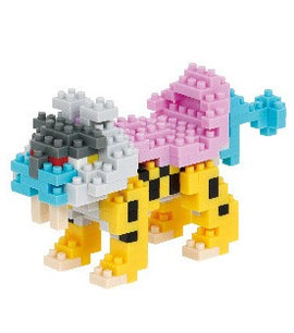 A colorful Nanoblock DIY kit featuring a stylized Raikou figure. The Raikou is depicted in vibrant shades of yellow, blue, gray, and pink, showcasing intricate block designs. The character stands on four legs, with a striking mane and tail, embodying a playful and creative construction experience.