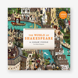 A colorful jigsaw puzzle titled 'The World of Shakespeare' featuring an illustrated scene rich with iconic Shakespearean settings and characters. The image showcases a vibrant landscape, including buildings, people, and boats, highlighting the essence of Shakespeare's works. The puzzle contains 1000 pieces, perfect for literature enthusiasts and puzzle lovers alike.