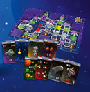 A vibrant game board of 'Galaxy Trucker' featuring a space-themed layout. The board includes interconnected paths, colorful elements representing cargo and spacecraft. Surrounding the board are various game cards depicting challenges like 'Slavers', 'Epidemic', and 'Meteor Swarm', with eye-catching illustrations of spaceships and planets. The background is a starry galaxy theme, enhancing the adventurous feel of the game.