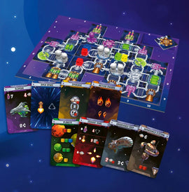 A vibrant game board of 'Galaxy Trucker' featuring a space-themed layout. The board includes interconnected paths, colorful elements representing cargo and spacecraft. Surrounding the board are various game cards depicting challenges like 'Slavers', 'Epidemic', and 'Meteor Swarm', with eye-catching illustrations of spaceships and planets. The background is a starry galaxy theme, enhancing the adventurous feel of the game.
