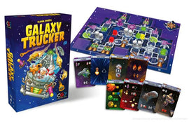 The 'Galaxy Trucker' box features a vibrant illustration of alien truckers and a spaceship against a starry backdrop. The game includes a colorful game board showing a space route, various component cards depicting spaceships, resources, and challenges, along with tokens. Ideal for gamers who enjoy strategy and humor in space-themed adventures.