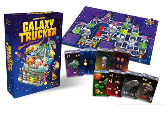 The 'Galaxy Trucker' box features a vibrant illustration of alien truckers and a spaceship against a starry backdrop. The game includes a colorful game board showing a space route, various component cards depicting spaceships, resources, and challenges, along with tokens. Ideal for gamers who enjoy strategy and humor in space-themed adventures.