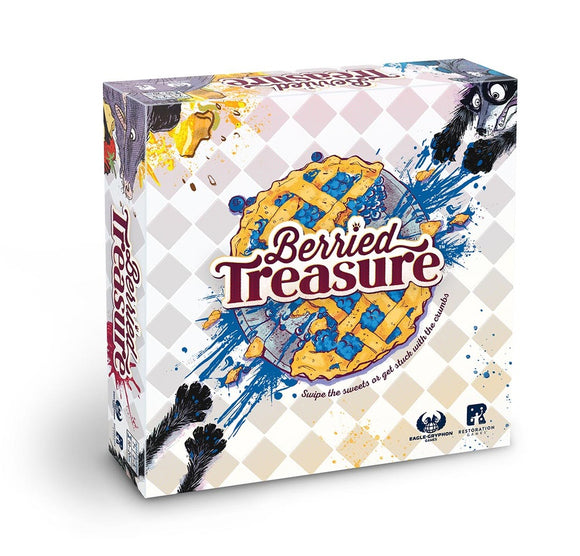 Berried Treasure board game by Restoration Games. The colorful box features an illustration of a berry pie with vibrant splashes of color, showcasing the playful theme. The title 'Berried Treasure' is prominently displayed, indicating a fun and sweet strategy game.