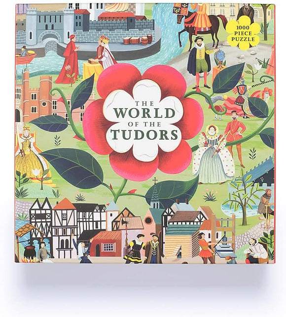 The World of the Tudors jigsaw puzzle by Laurence King Publishing. Featuring colorful illustrations of Tudor-era figures, buildings, and landscapes, the 1000-piece puzzle showcases a vibrant depiction of historical scenes from the Tudor period.