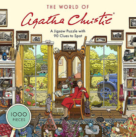 A colorful jigsaw puzzle depicting a cozy room filled with Agatha Christie references. An elderly woman in a red robe sits comfortably, surrounded by various items, including books, a typewriter, and floral decorations, with a scenic view of trees and a blue tractor outside the window. The puzzle consists of 1000 pieces and includes 90 hidden clues to discover.