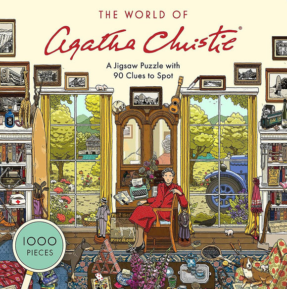 A colorful jigsaw puzzle depicting a cozy room filled with Agatha Christie references. An elderly woman in a red robe sits comfortably, surrounded by various items, including books, a typewriter, and floral decorations, with a scenic view of trees and a blue tractor outside the window. The puzzle consists of 1000 pieces and includes 90 hidden clues to discover.
