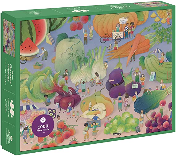 At the Farmers' Market jigsaw puzzle by PRINCETON ARCHITECTURAL PRESS featuring a vibrant illustration of a bustling farmers' market with various fruits and vegetables, vendors, and customers, designed for immersive engagement and fun. The puzzle includes 1000 colorful pieces, ideal for family gatherings or solo relaxation.