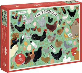 The Chickenology jigsaw puzzle box featuring a colorful illustration of various chicken breeds, eggs, and farm elements. The box includes the title 'Chickenology' and showcases the 1000 piece count with a pleasing, whimsical design.